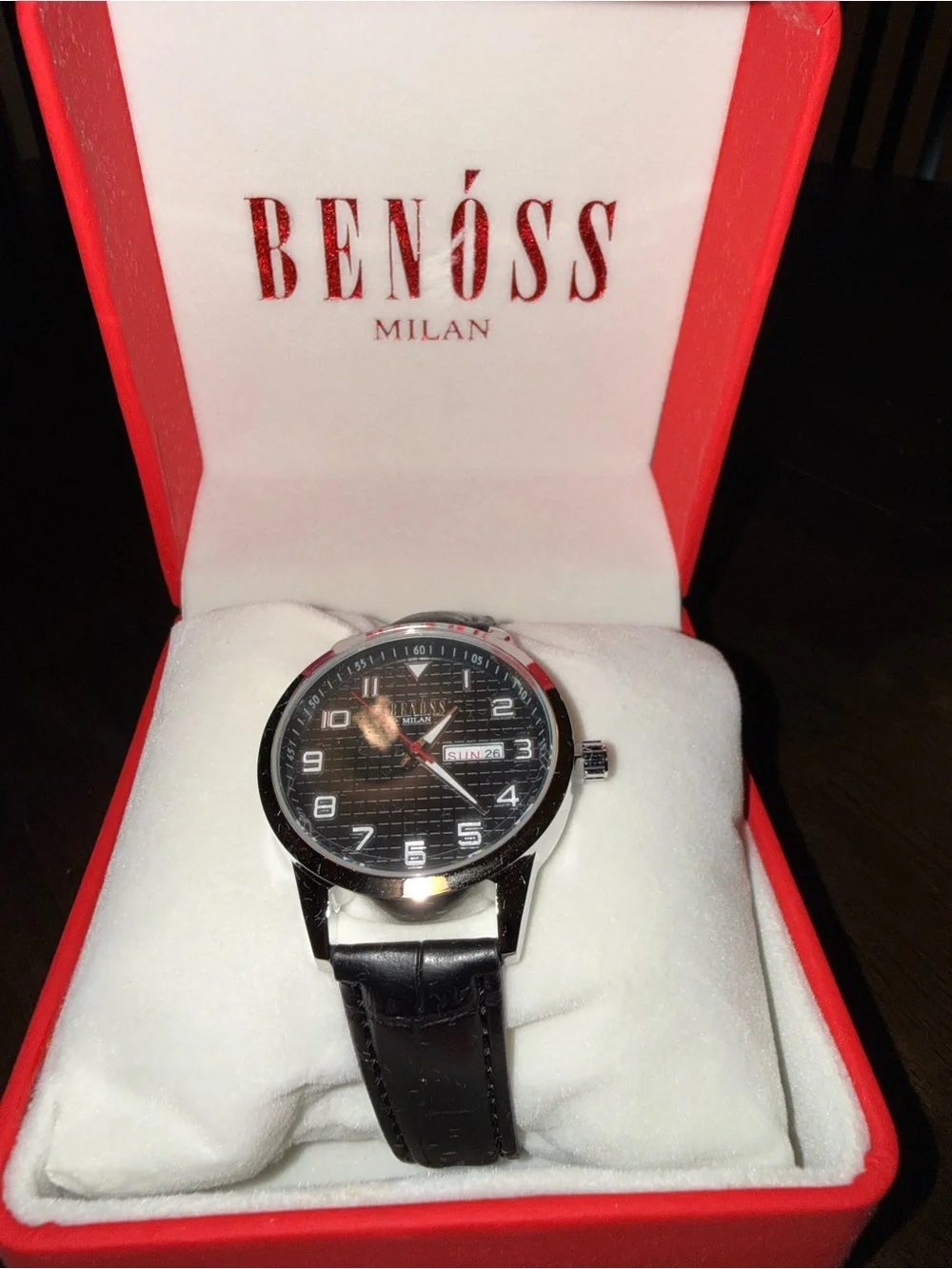 NIB Benóss Milan Men’s Black Waffle Dial Day-Date Watch | Leather Strap